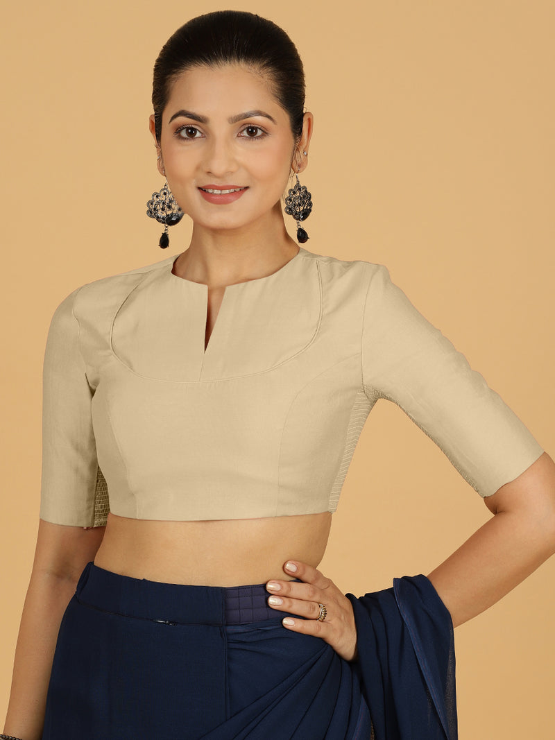 Karishma x Rozaana | Elbow Sleeves Saree Blouse in Oyster Grey-Binks