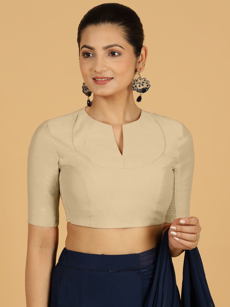Karishma x Rozaana | Elbow Sleeves Saree Blouse in Oyster Grey-Binks