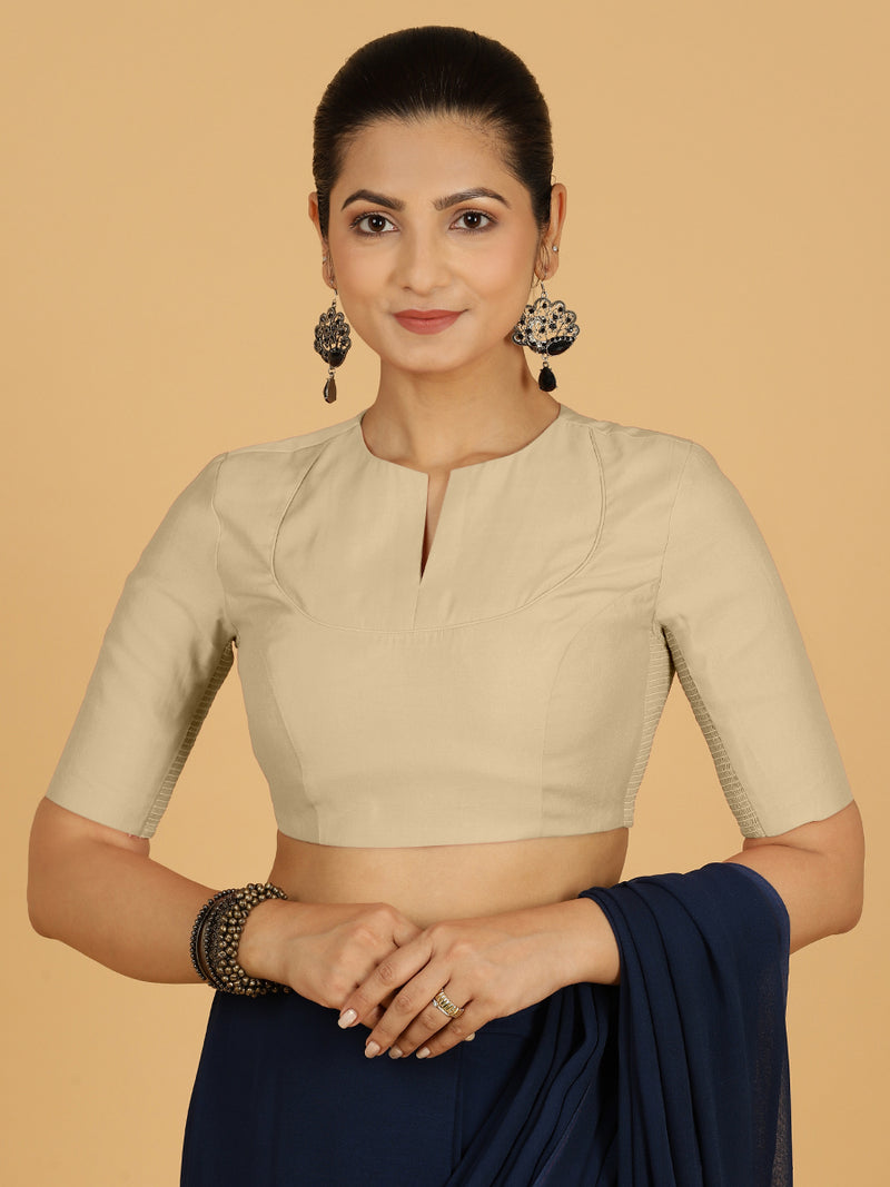 Karishma x Rozaana | Elbow Sleeves Saree Blouse in Oyster Grey-Binks