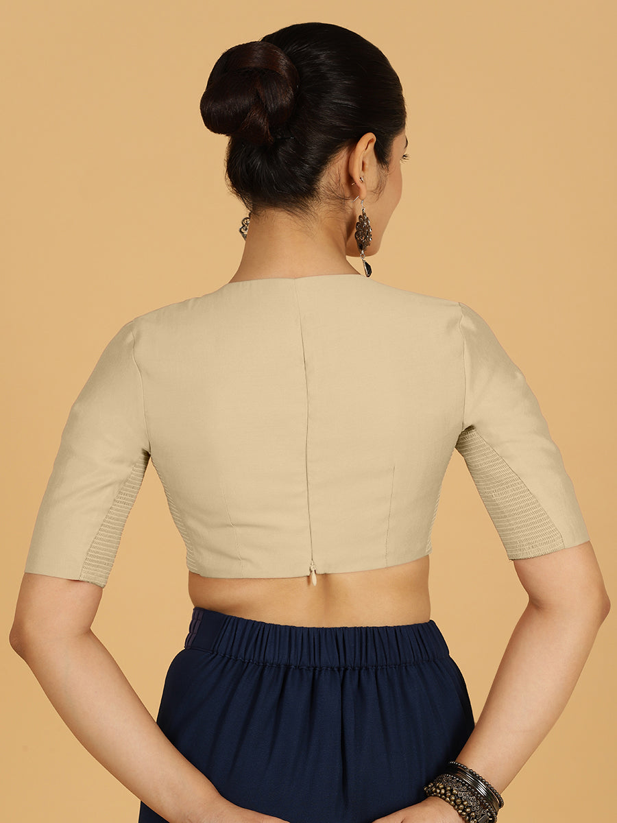 Karishma x Rozaana Saree Blouse, in Grey Viscose, featuring elbow sleeves and jewel neckline, made for daily & work (view 2).