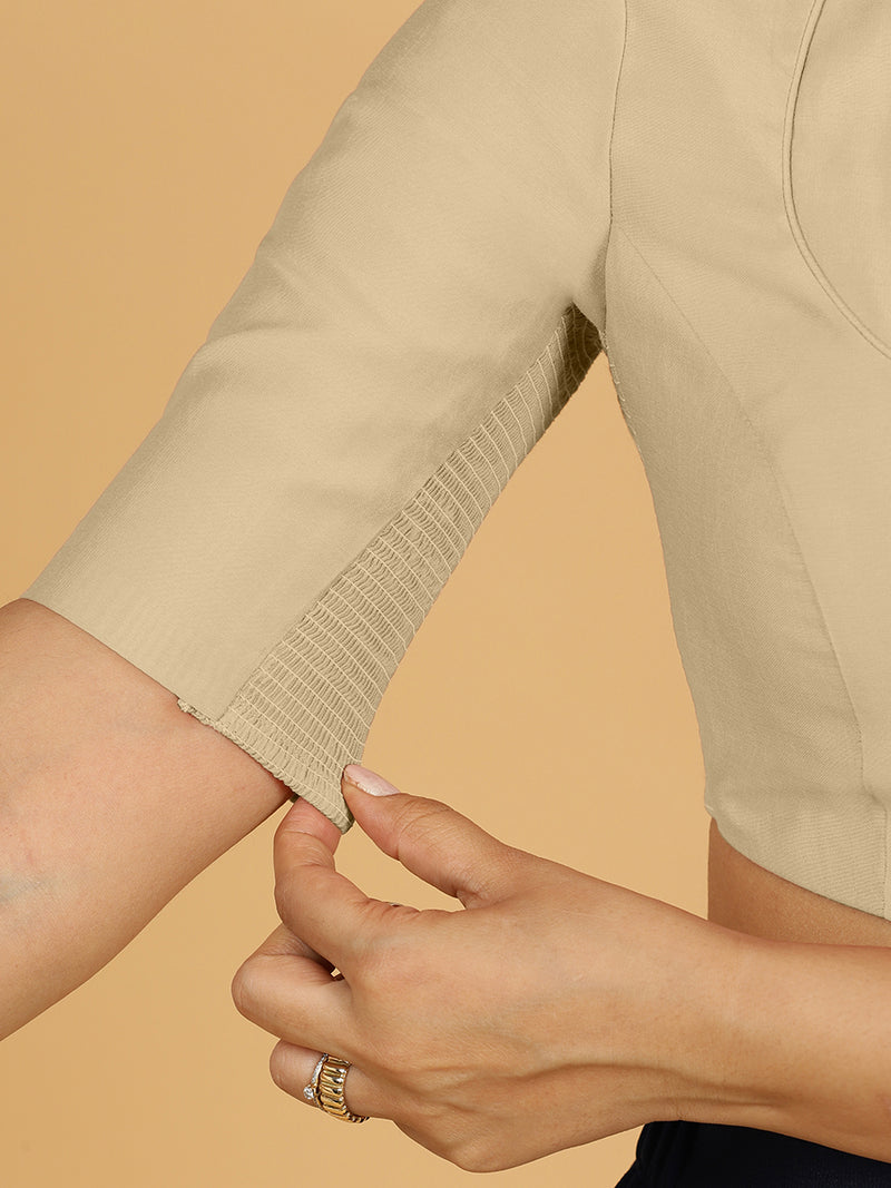 Karishma x Rozaana | Elbow Sleeves Saree Blouse in Oyster Grey-Binks