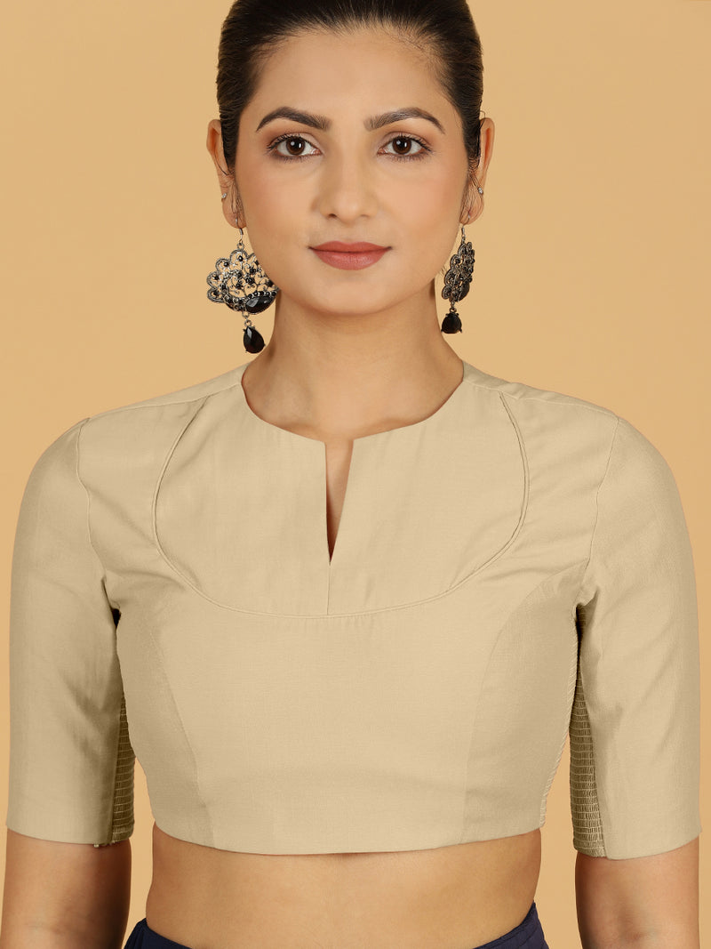 Karishma x Rozaana | Elbow Sleeves Saree Blouse in Oyster Grey-Binks