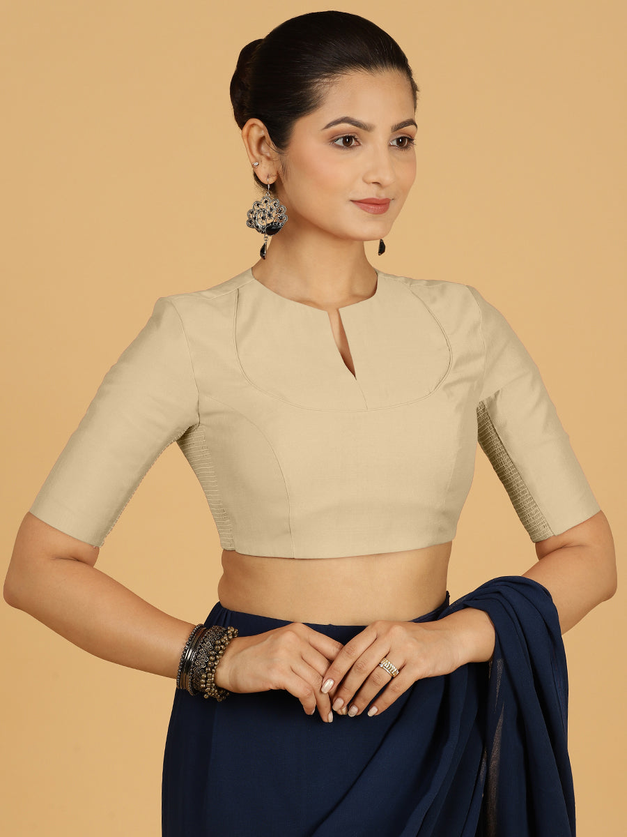 Karishma x Rozaana Saree Blouse, in Grey Viscose, featuring elbow sleeves and jewel neckline, made for daily & work (view 7).