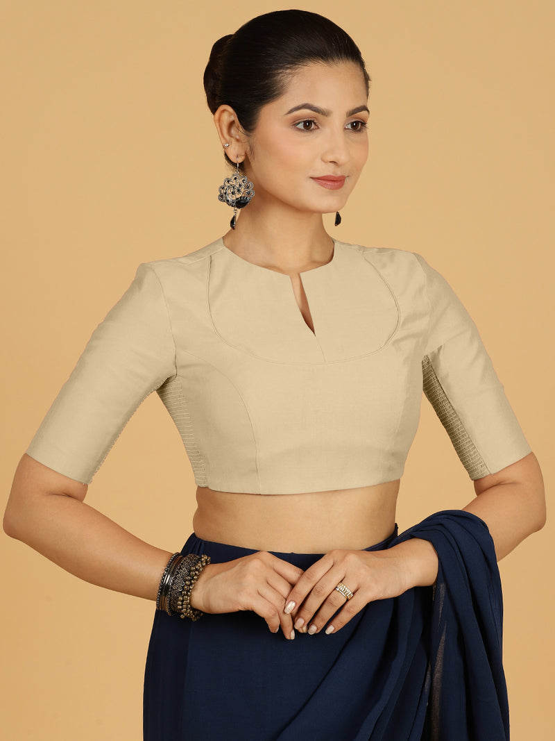 Karishma x Rozaana | Elbow Sleeves Saree Blouse in Oyster Grey-Binks