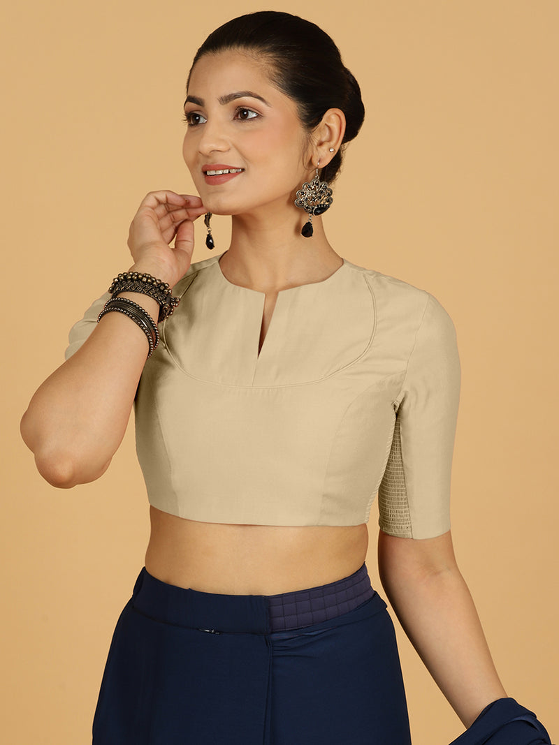 Karishma x Rozaana | Elbow Sleeves Saree Blouse in Oyster Grey-Binks