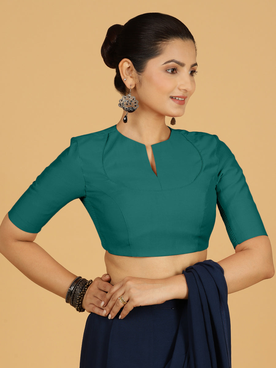 Karishma x Rozaana Saree Blouse, in Green Viscose, featuring elbow sleeves and jewel neckline, made for daily & work (view 7).