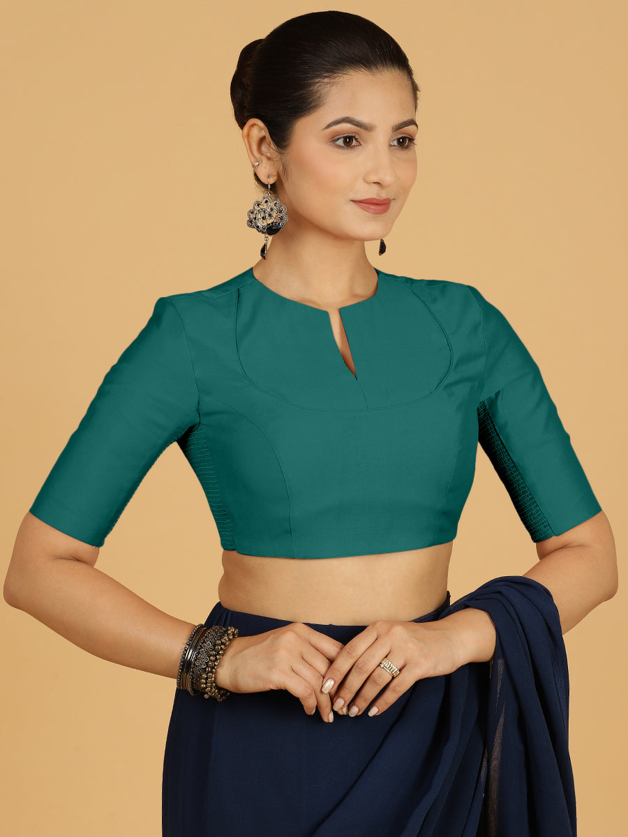 Karishma x Rozaana Saree Blouse, in Green Viscose, featuring elbow sleeves and jewel neckline, made for daily & work (view 8).