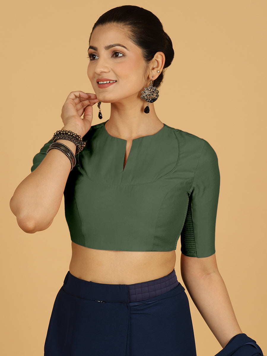 Karishma x Rozaana Saree Blouse, in Green Viscose, featuring elbow sleeves and jewel neckline, made for daily & work.