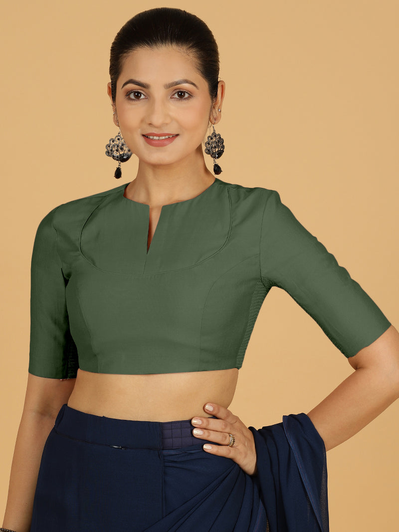 Karishma x Rozaana | Elbow Sleeves Saree Blouse in Pine Green-Binks