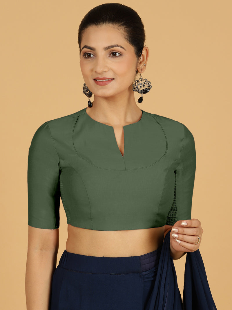 Karishma x Rozaana | Elbow Sleeves Saree Blouse in Pine Green-Binks