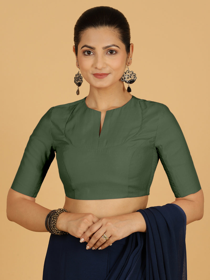 Karishma x Rozaana | Elbow Sleeves Saree Blouse in Pine Green-Binks