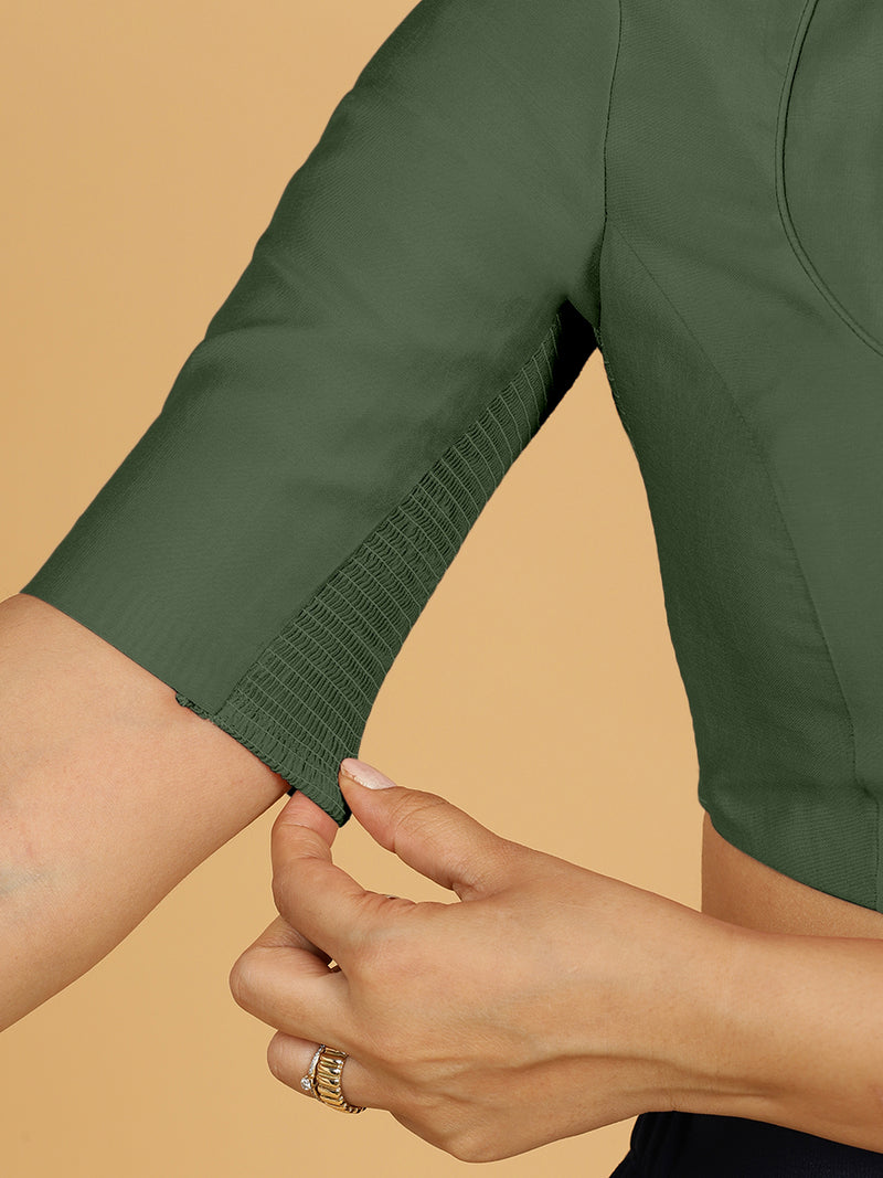 Karishma x Rozaana | Elbow Sleeves Saree Blouse in Pine Green-Binks