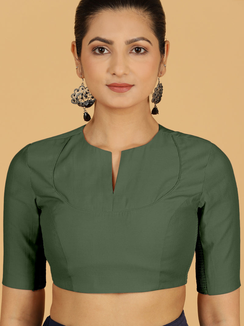 Karishma x Rozaana | Elbow Sleeves Saree Blouse in Pine Green-Binks