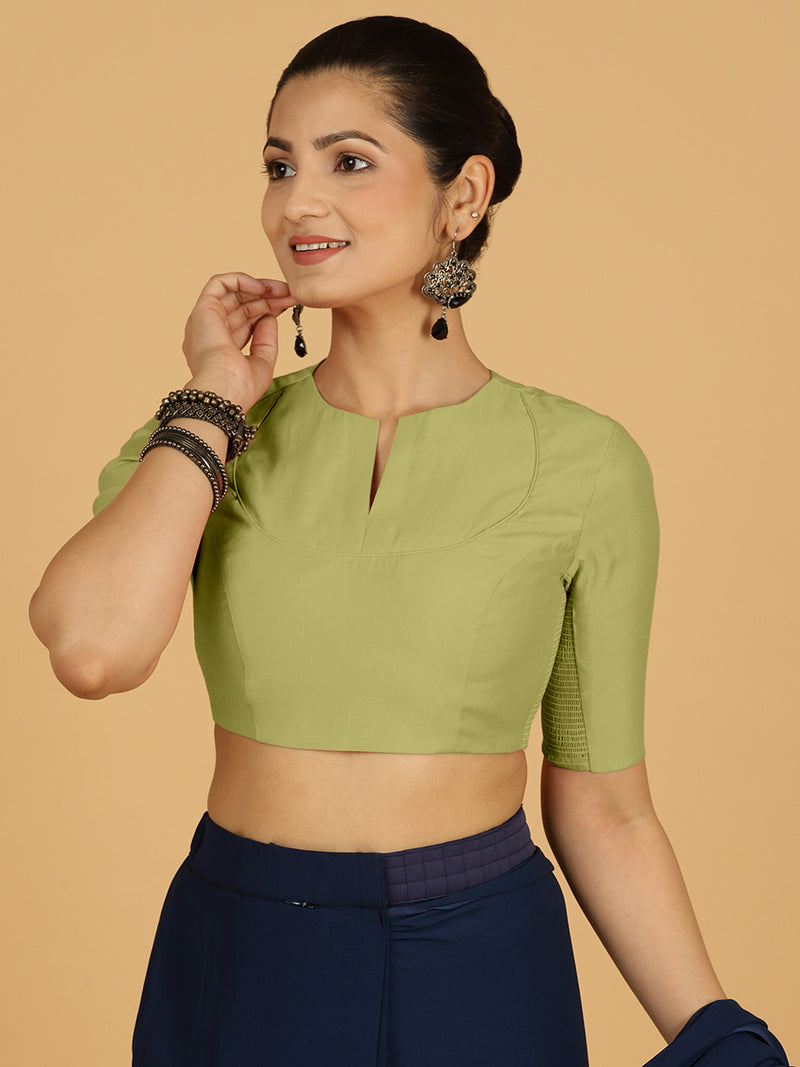Karishma x Rozaana | Elbow Sleeves Saree Blouse in Pista Green-Binks