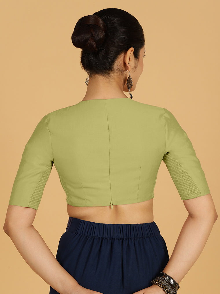 Karishma x Rozaana Saree Blouse, in Green Viscose, featuring elbow sleeves and pot neckline, made for daily & work (view 2).