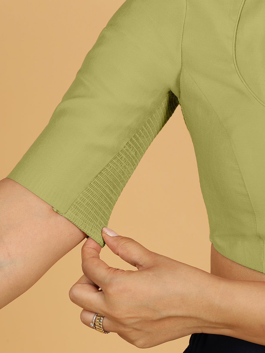Karishma x Rozaana Saree Blouse, in Green Viscose, featuring elbow sleeves and pot neckline, made for daily & work (view 4).