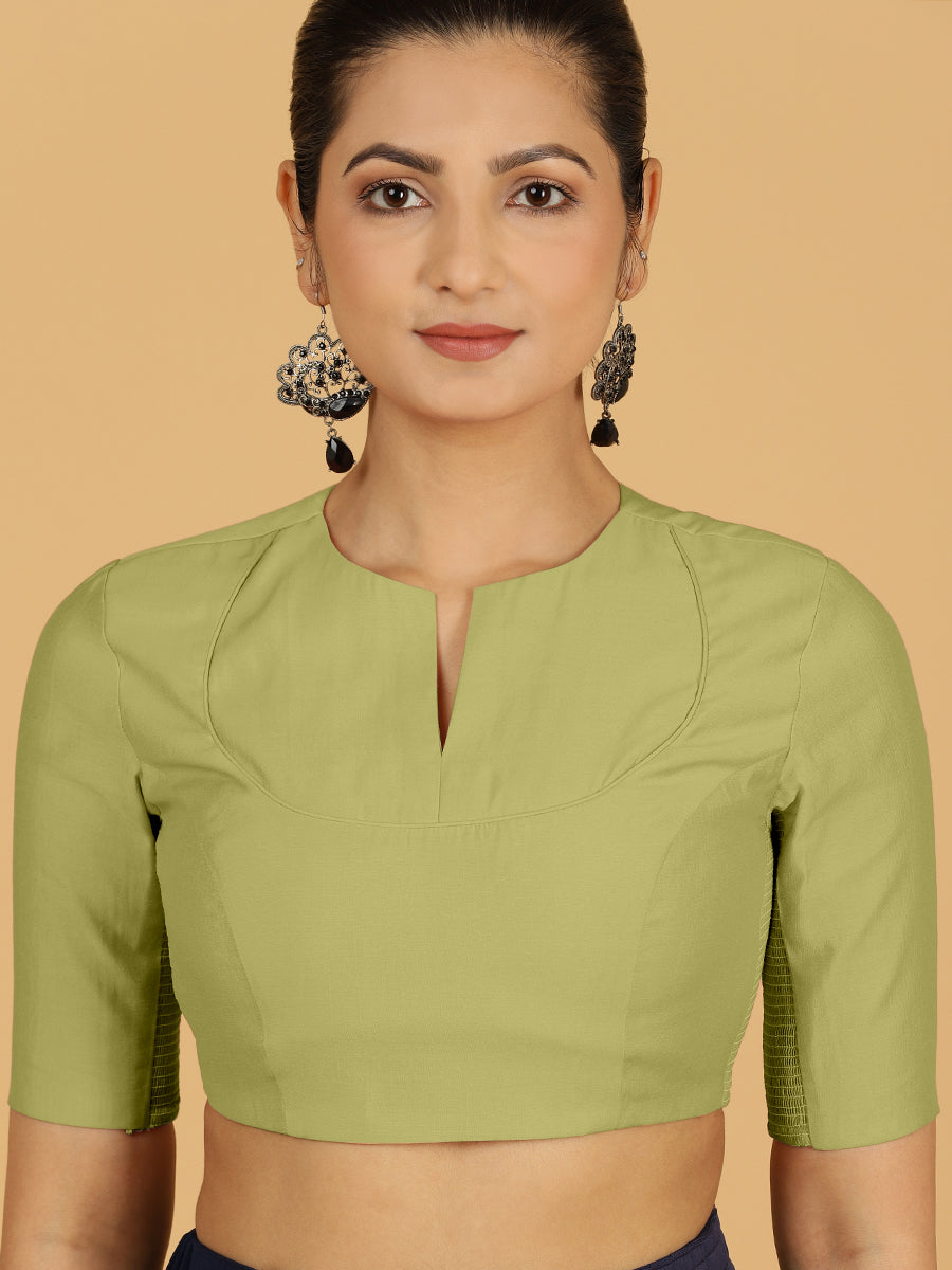 Karishma x Rozaana Saree Blouse, in Green Viscose, featuring elbow sleeves and pot neckline, made for daily & work (view 5).