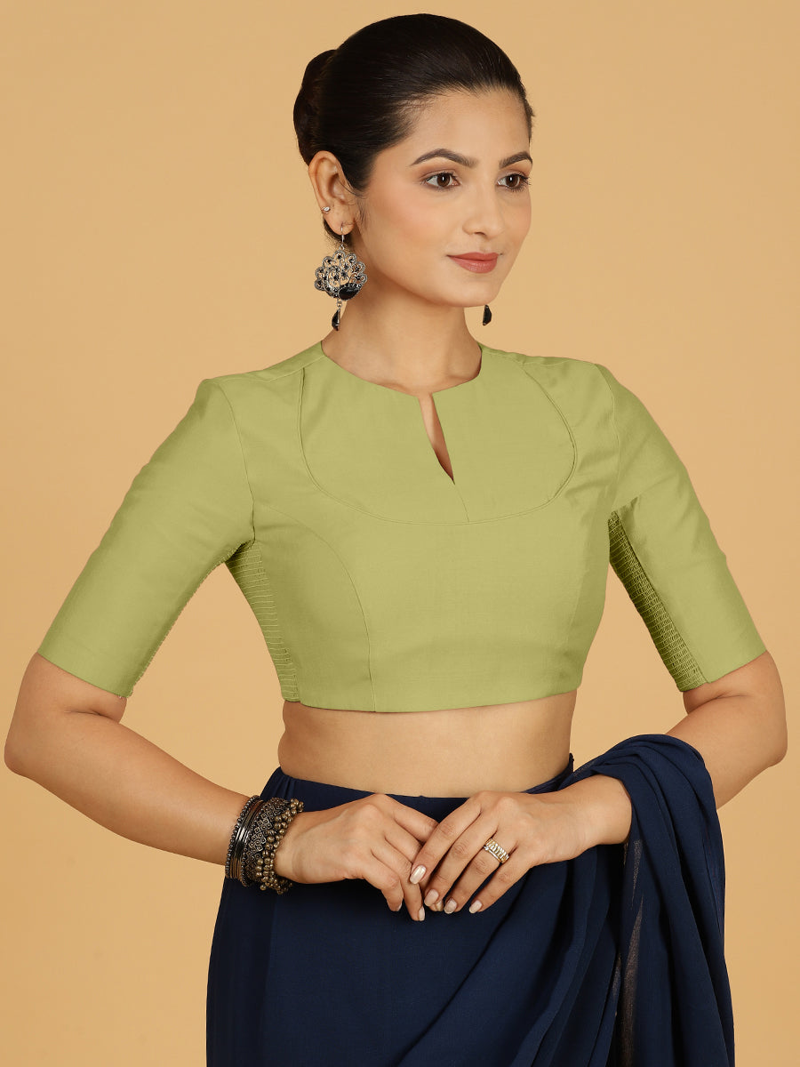 Karishma x Rozaana Saree Blouse, in Green Viscose, featuring elbow sleeves and pot neckline, made for daily & work (view 8).