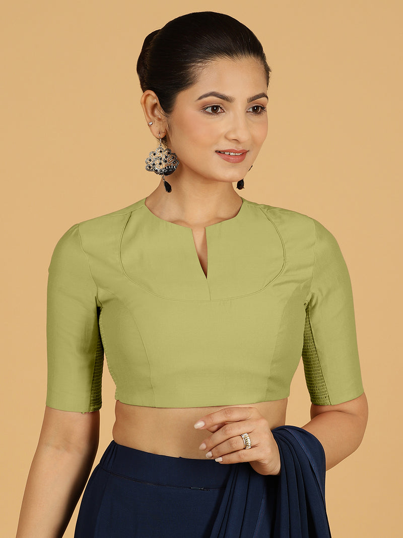 Karishma x Rozaana | Elbow Sleeves Saree Blouse in Pista Green-Binks