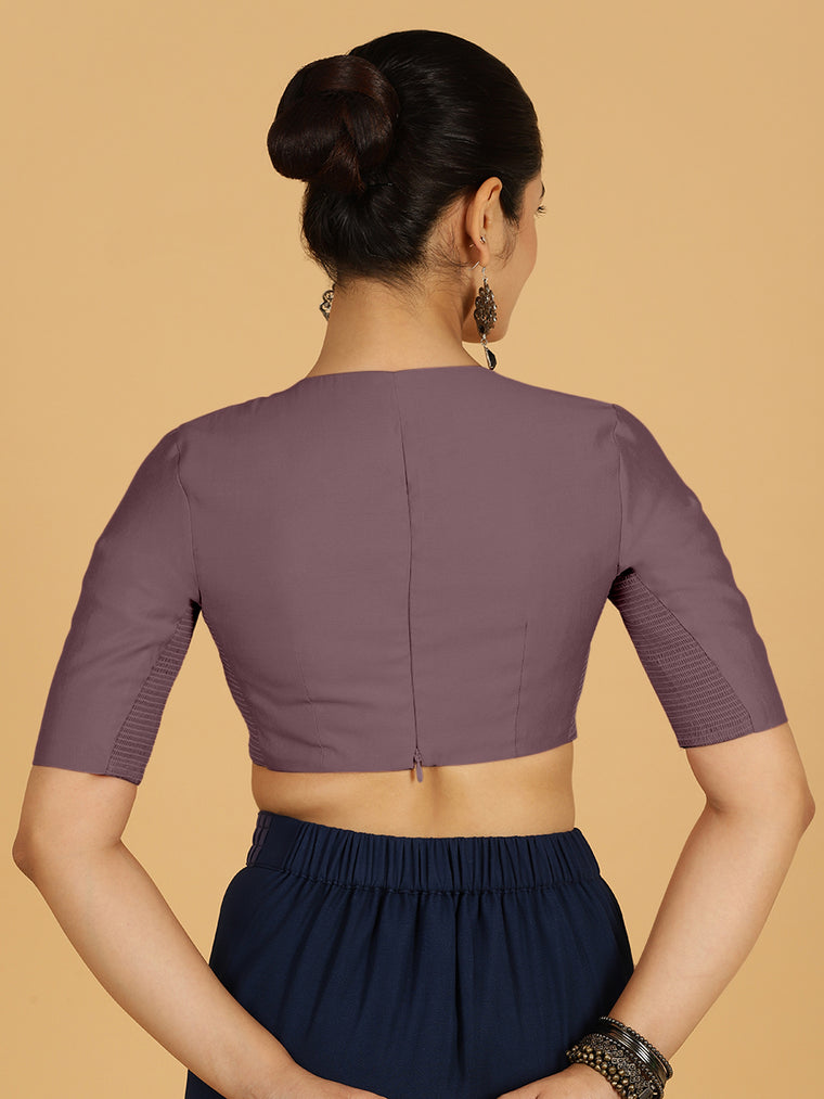 Karishma x Rozaana Saree Blouse, in Purple Viscose, featuring elbow sleeves and jewel neckline, made for daily & work (view 2).