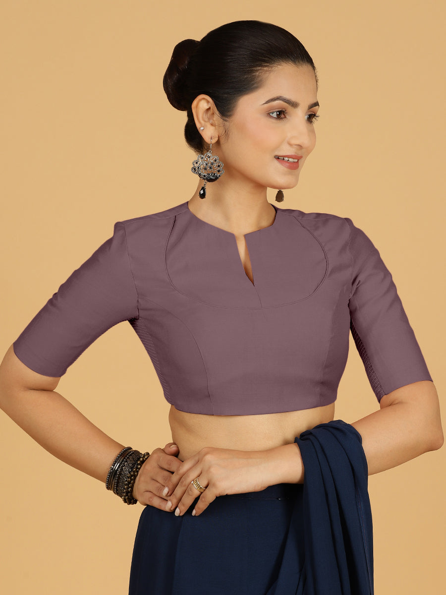 Karishma x Rozaana Saree Blouse, in Purple Viscose, featuring elbow sleeves and jewel neckline, made for daily & work (view 7).