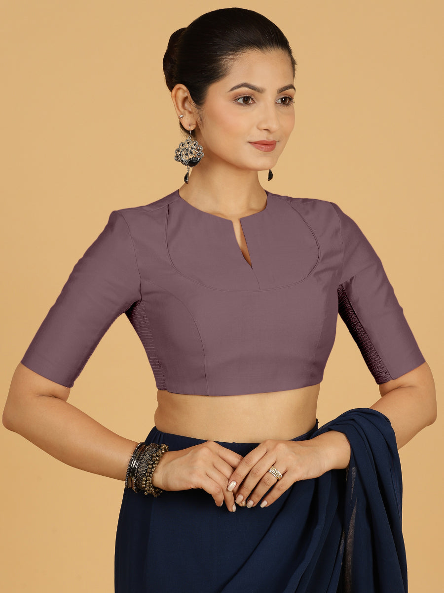 Karishma x Rozaana Saree Blouse, in Purple Viscose, featuring elbow sleeves and jewel neckline, made for daily & work (view 8).