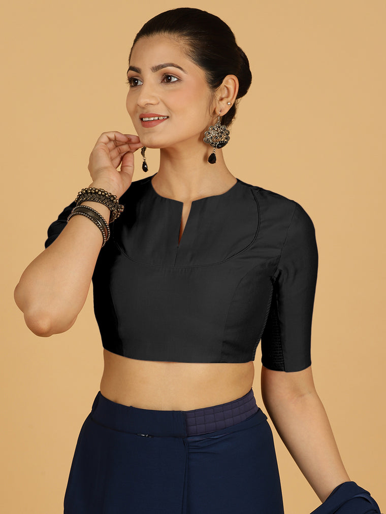 Karishma x Rozaana Saree Blouse, in Black Viscose, featuring elbow sleeves and jewel neckline, made for daily & work.