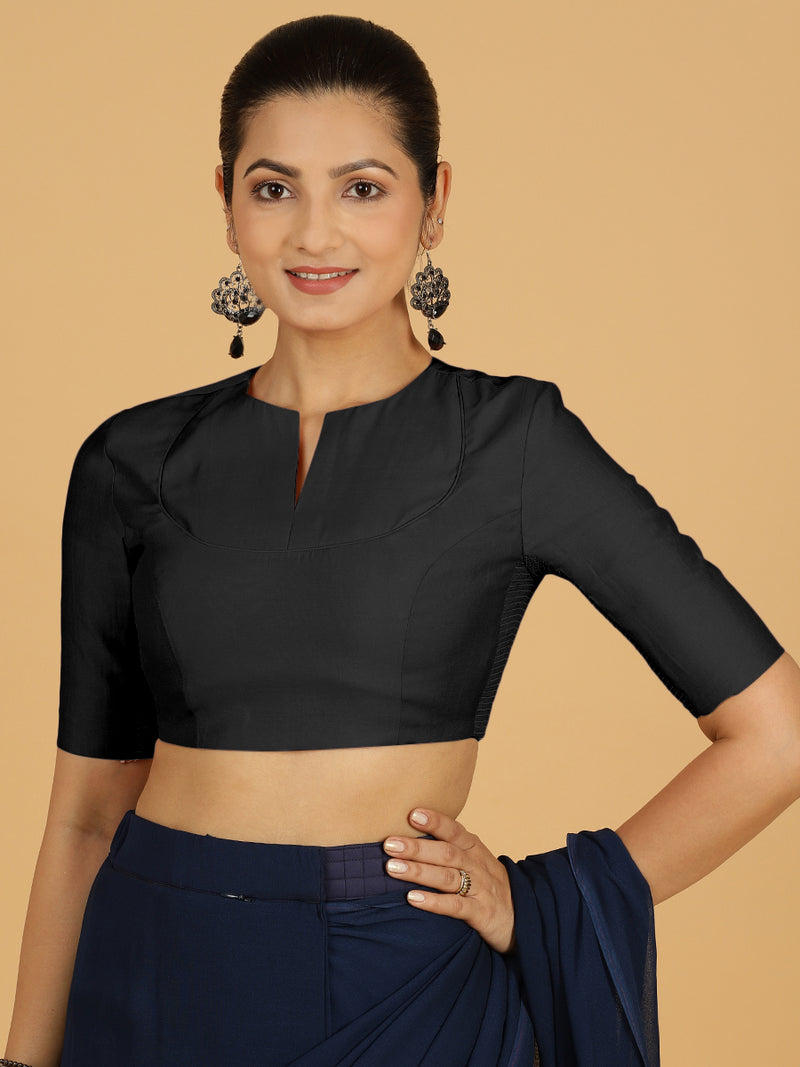 Karishma x Rozaana | Elbow Sleeves Saree Blouse in Raven Black-Binks