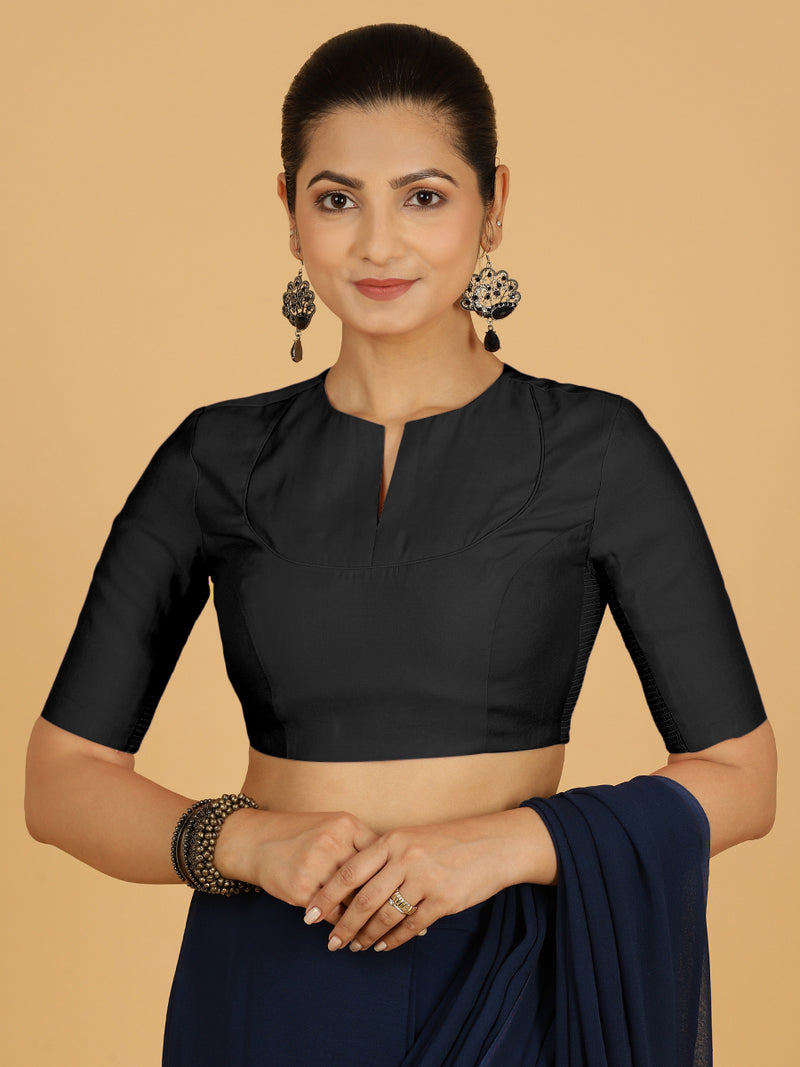 Karishma x Rozaana | Elbow Sleeves Saree Blouse in Raven Black-Binks