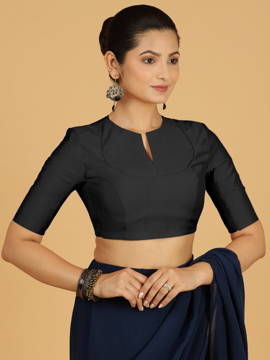 Karishma x Rozaana Saree Blouse, in Black Viscose, featuring elbow sleeves and jewel neckline, made for daily & work (view 8).