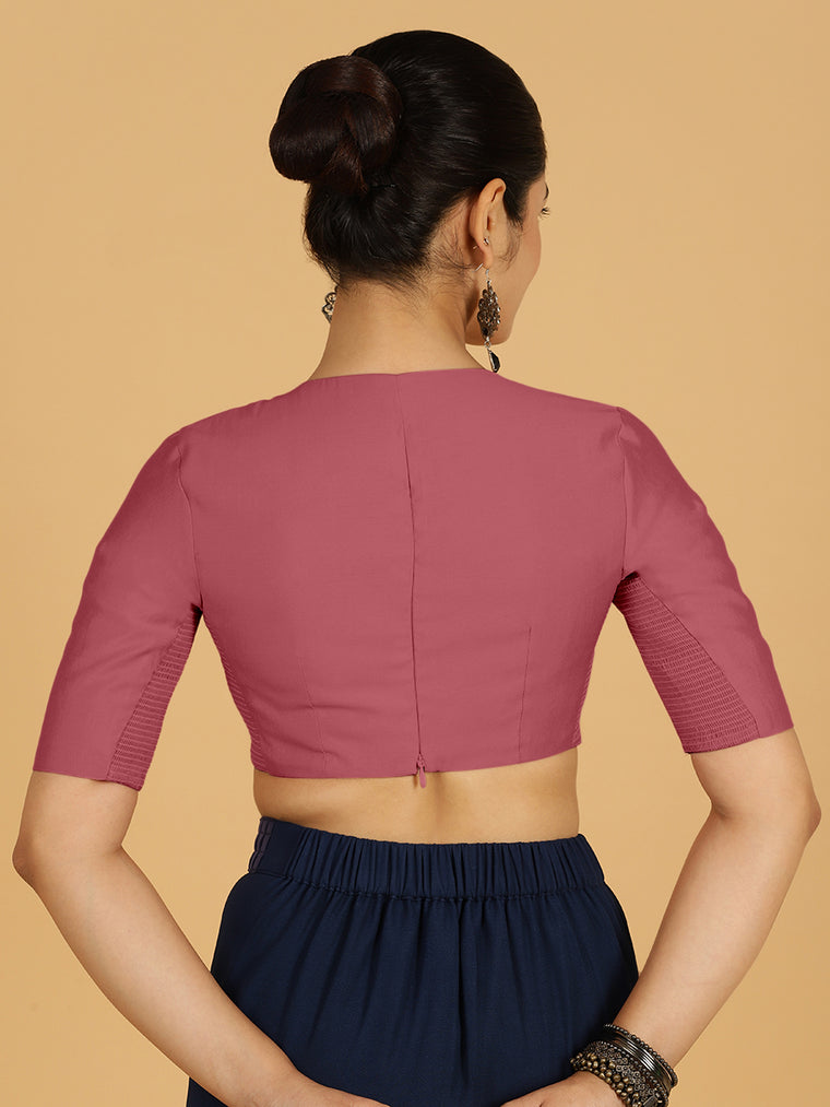 Karishma x Rozaana Saree Blouse, in Pink Viscose, featuring elbow sleeves and jewel neckline, made for daily & work (view 2).