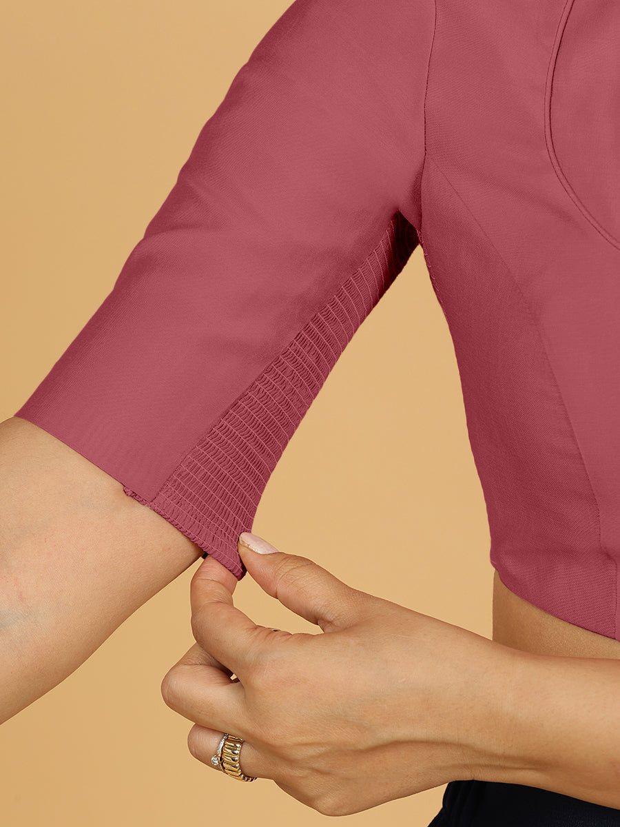 Karishma x Rozaana Saree Blouse, in Pink Viscose, featuring elbow sleeves and jewel neckline, made for daily & work (view 4).
