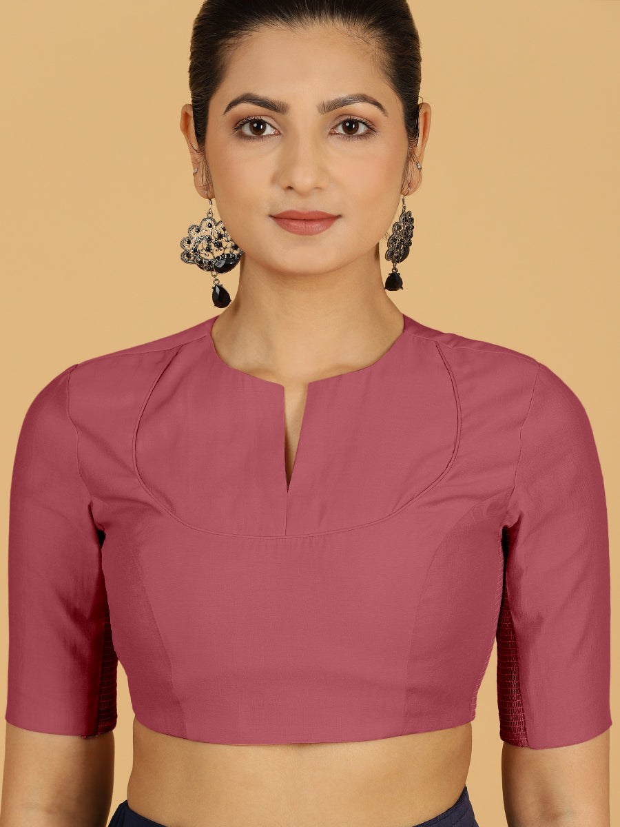 Karishma x Rozaana Saree Blouse, in Pink Viscose, featuring elbow sleeves and jewel neckline, made for daily & work (view 5).