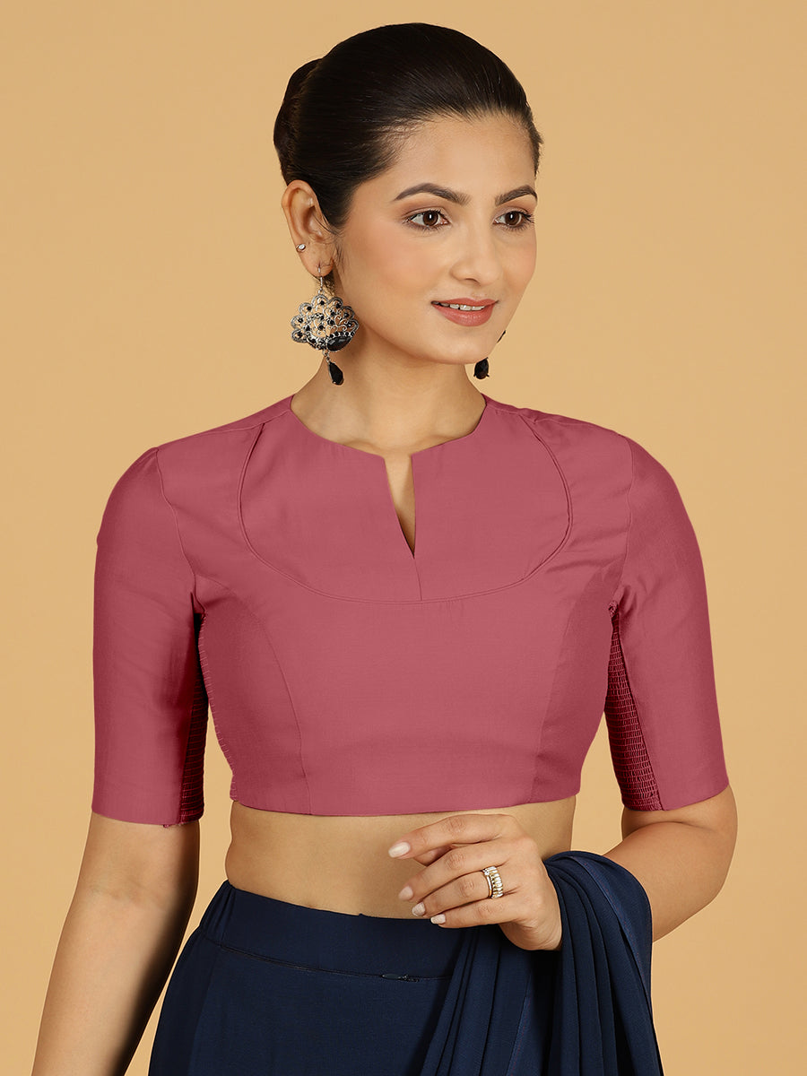 Karishma x Rozaana Saree Blouse, in Pink Viscose, featuring elbow sleeves and jewel neckline, made for daily & work (view 8).