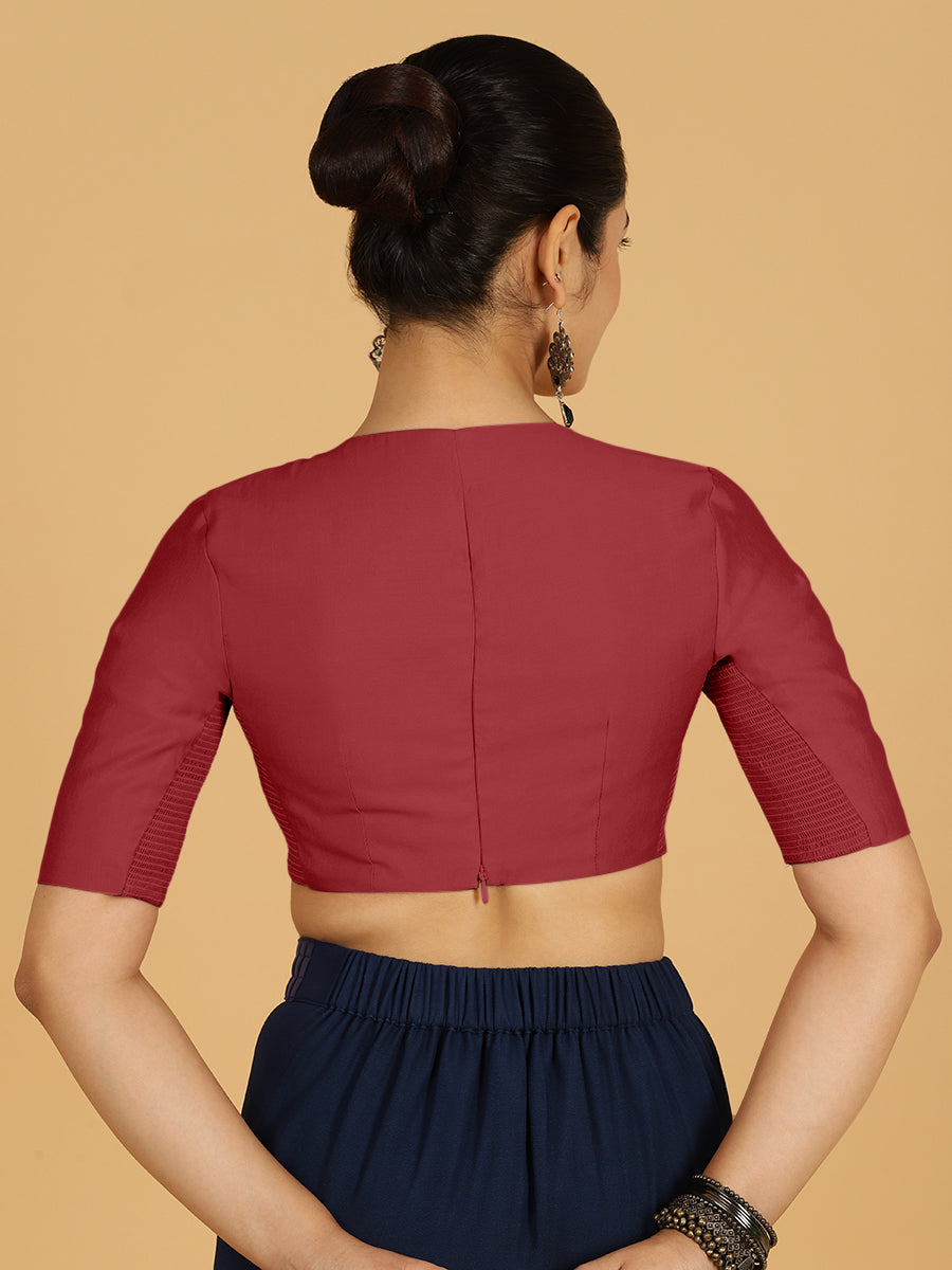 Karishma x Rozaana Saree Blouse, in Red Viscose, featuring elbow sleeves and jewel neckline, made for daily & work (view 2).