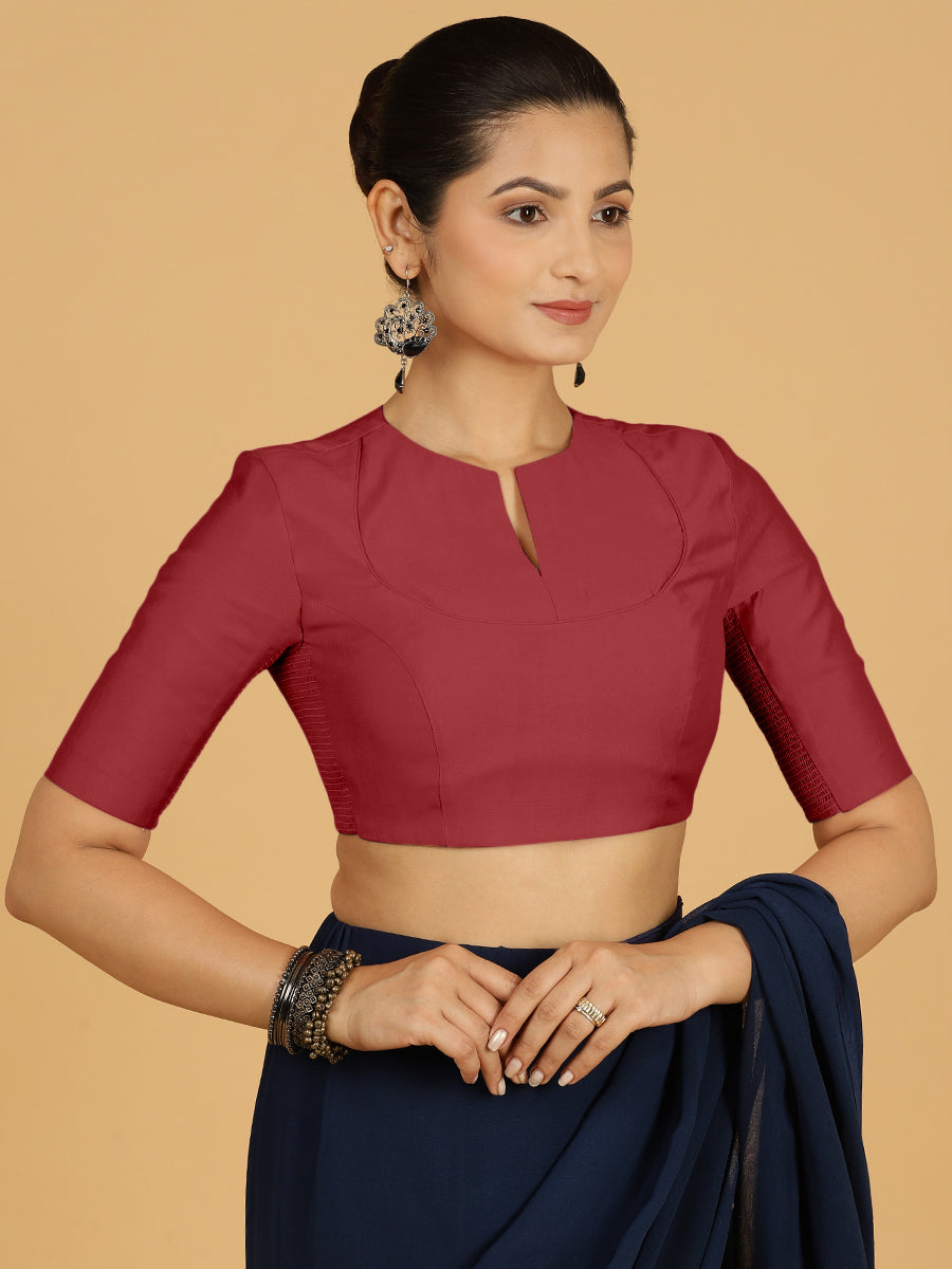 Karishma x Rozaana Saree Blouse, in Red Viscose, featuring elbow sleeves and jewel neckline, made for daily & work (view 8).