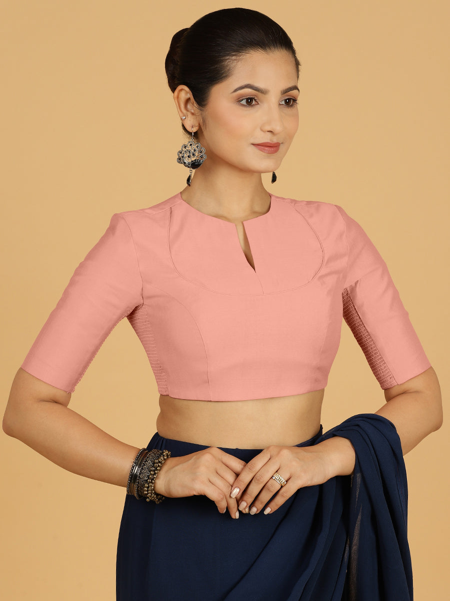 Karishma x Rozaana Saree Blouse, in Pink Viscose, featuring elbow sleeves and jewel neckline, made for daily & work.