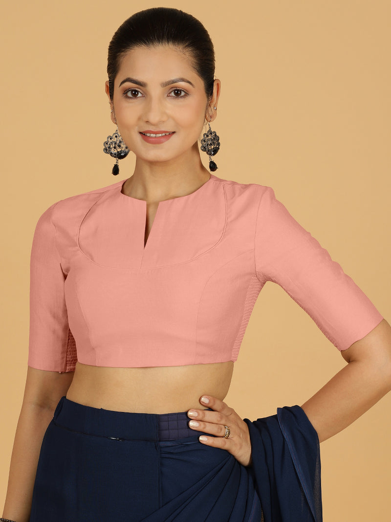 Karishma x Rozaana | Elbow Sleeves Saree Blouse in Sea Pink-Binks