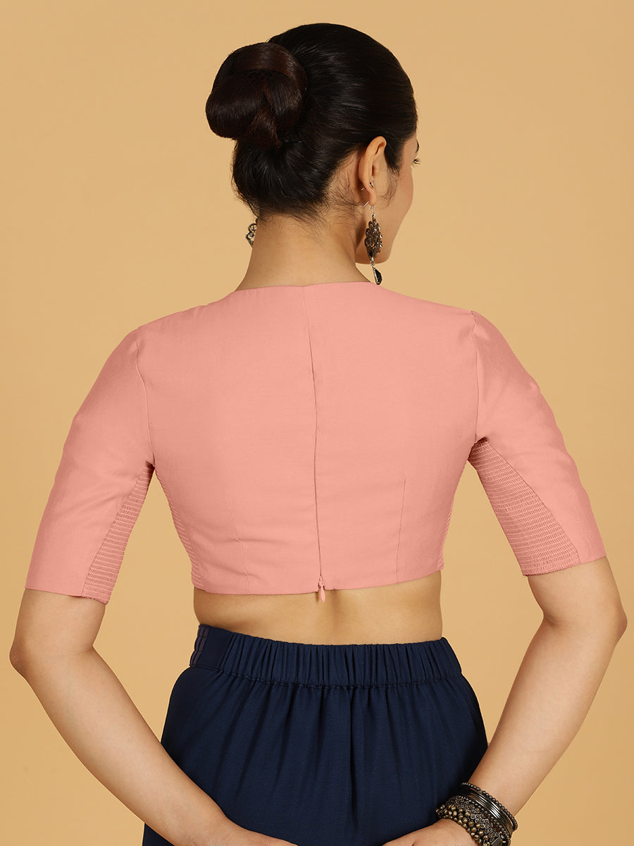 Karishma x Rozaana Saree Blouse, in Pink Viscose, featuring elbow sleeves and jewel neckline, made for daily & work (view 2).