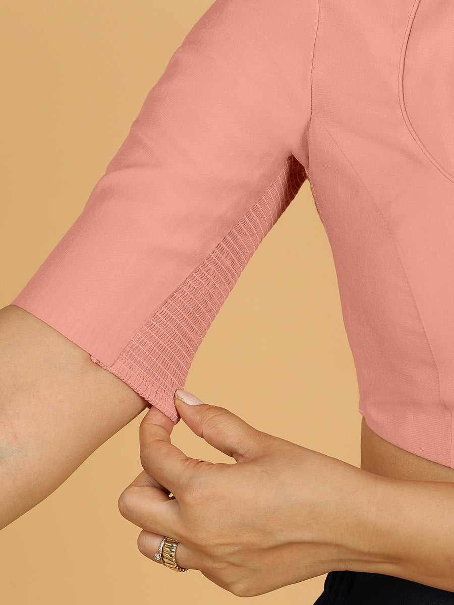 Karishma x Rozaana Saree Blouse, in Pink Viscose, featuring elbow sleeves and jewel neckline, made for daily & work (view 4).