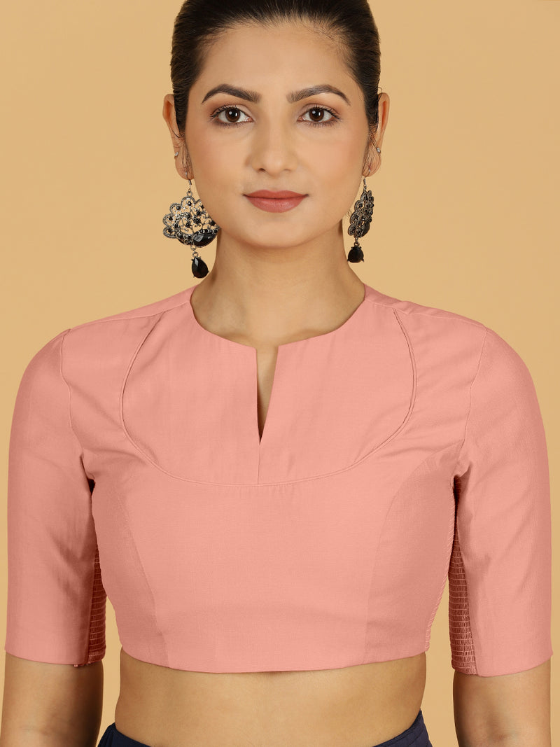 Karishma x Rozaana | Elbow Sleeves Saree Blouse in Sea Pink-Binks