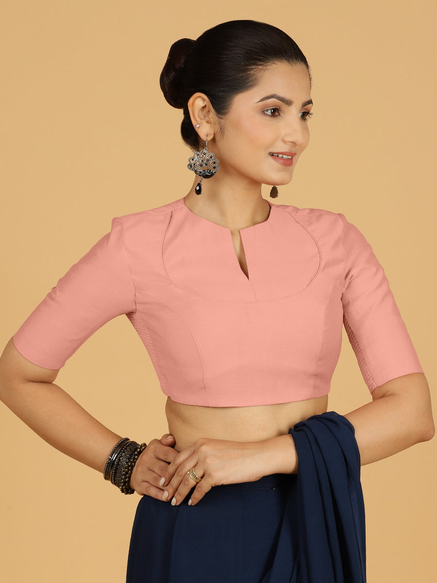 Karishma x Rozaana Saree Blouse, in Pink Viscose, featuring elbow sleeves and jewel neckline, made for daily & work (view 7).