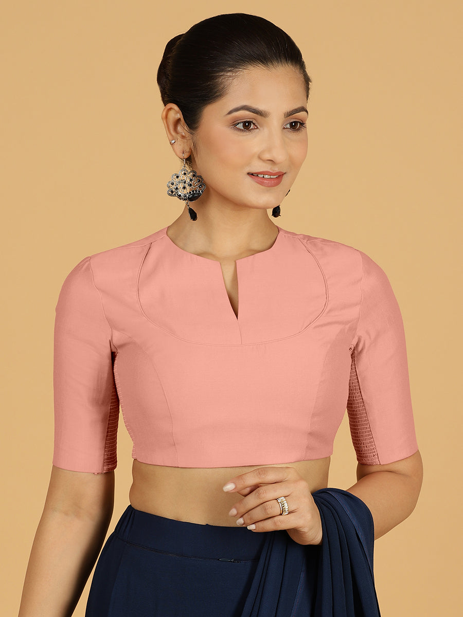 Karishma x Rozaana Saree Blouse, in Pink Viscose, featuring elbow sleeves and jewel neckline, made for daily & work (view 8).