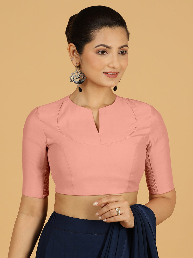 Karishma x Rozaana | Elbow Sleeves Saree Blouse in Sea Pink-Binks