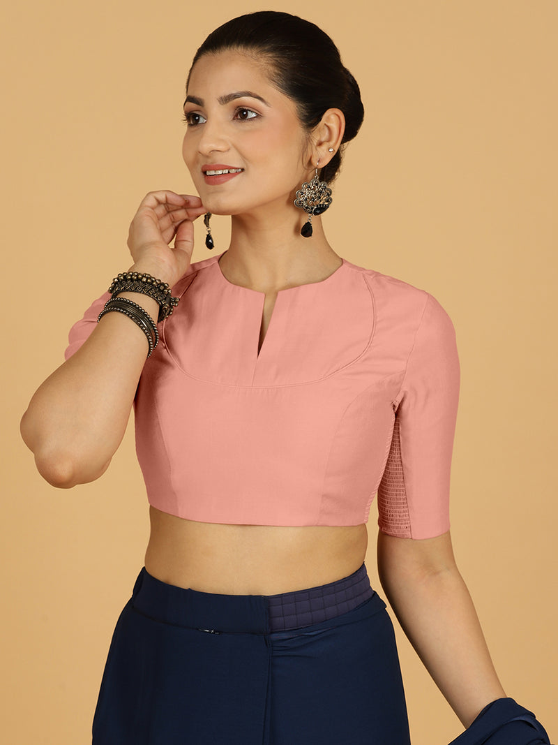 Karishma x Rozaana | Elbow Sleeves Saree Blouse in Sea Pink-Binks