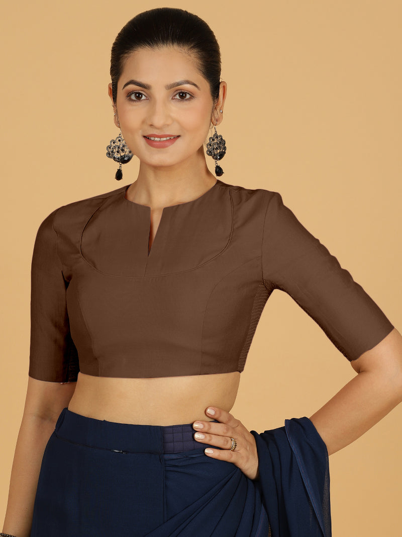 Karishma x Rozaana | Elbow Sleeves Saree Blouse in Walnut Brown-Binks