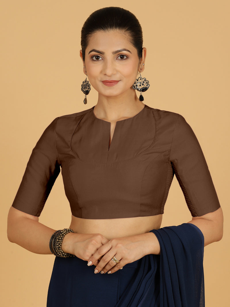 Karishma x Rozaana | Elbow Sleeves Saree Blouse in Walnut Brown-Binks