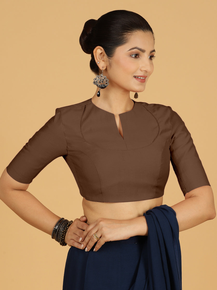 Karishma x Rozaana Saree Blouse, in Brown Viscose, featuring elbow sleeves and jewel neckline, made for daily & work (view 7).