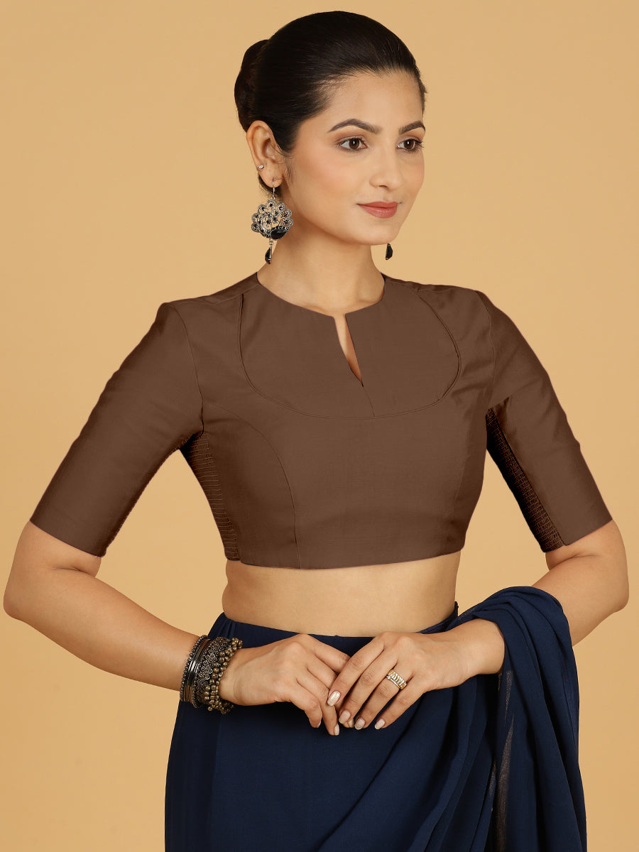Karishma x Rozaana Saree Blouse, in Brown Viscose, featuring elbow sleeves and jewel neckline, made for daily & work (view 8).