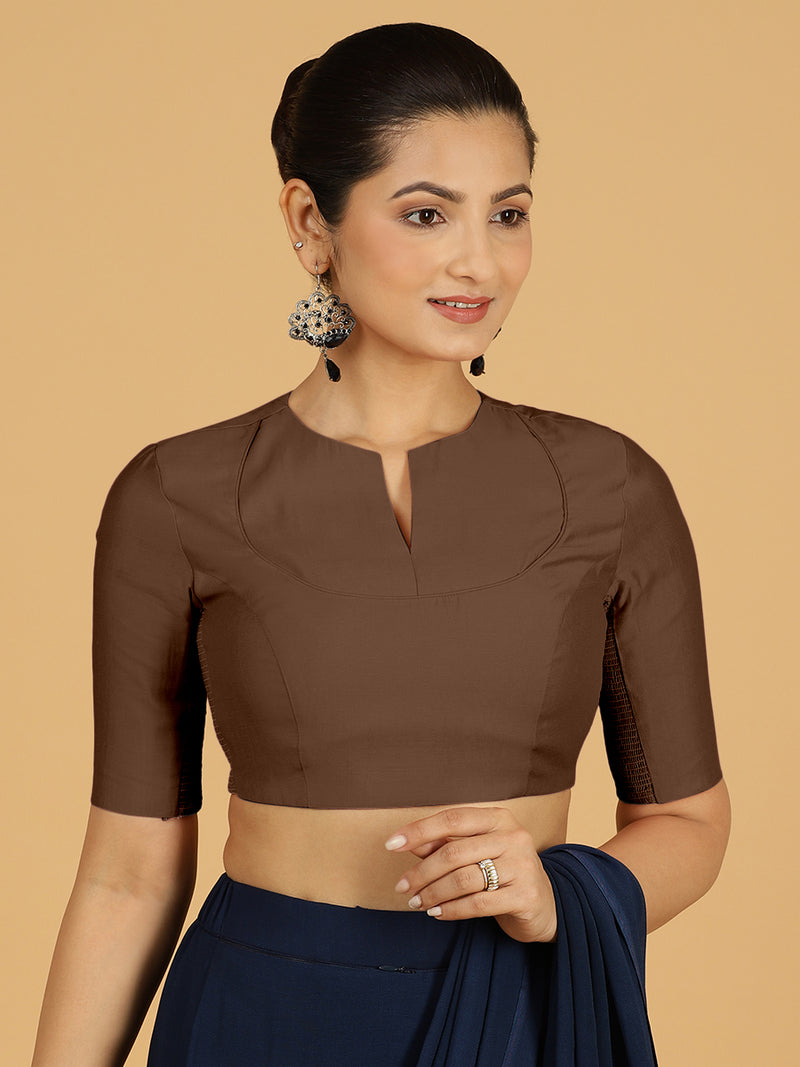 Karishma x Rozaana | Elbow Sleeves Saree Blouse in Walnut Brown-Binks